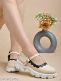 Synthetic cream Mary Janes (Bellies) - round toe with buckle fastening & white lace detailing for women & girls, made in India