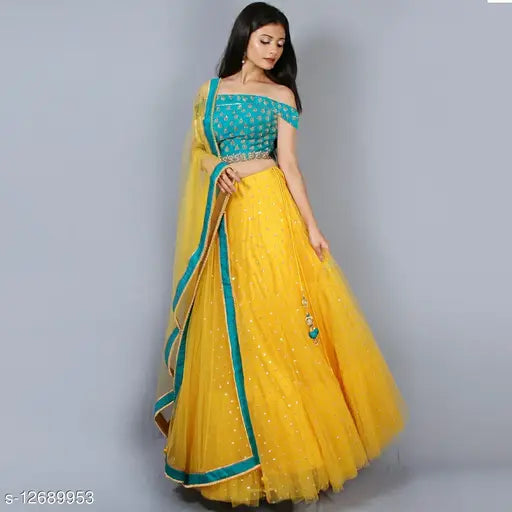 Stylish satin lehenga with net bottom and embroidered dupatta, lace trim, free size, Indian origin