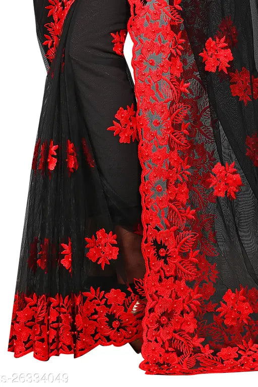 Embroidered net saree with solid satin running blouse, free size, 5.5m length, Indian-origin Chitrarekha Sensational Sarees