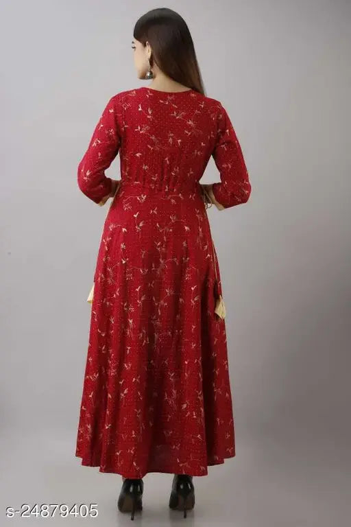 Jivika red floral printed long kurti, floor length, front closure