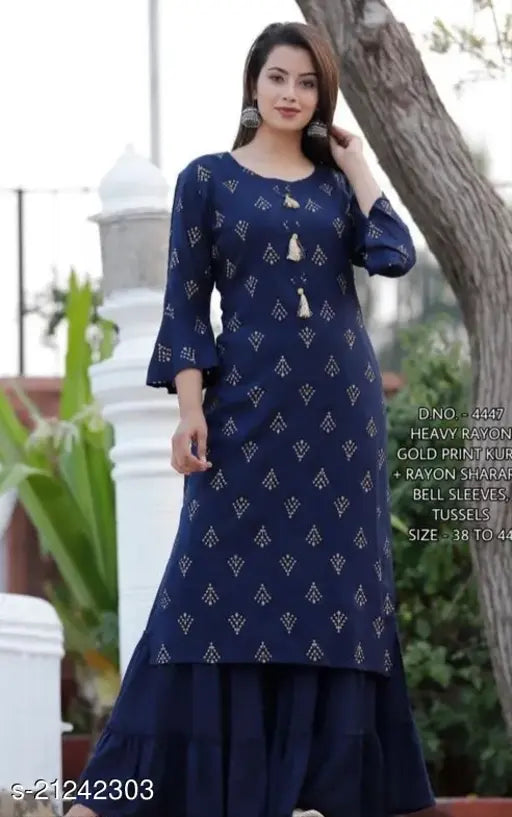 Exclusive rayon kurti palazzo set, printed net, three-quarter sleeves, India origin