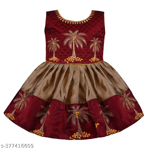 Maroon and brown satin frock with gold embroidery for girls, India origin