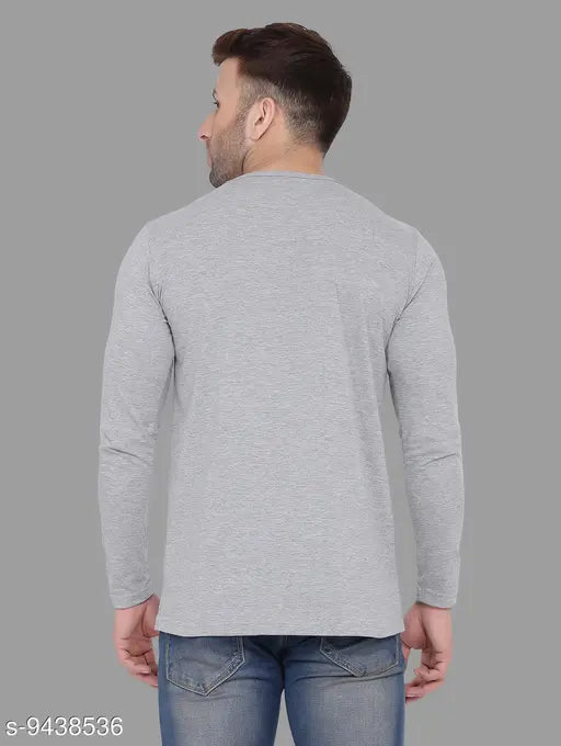 Grey melange cotton blend long sleeved men's t-shirt with solid pattern, ideal for casual wear. High quality, 100% pure combed cotton, made in India