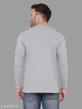 Grey melange cotton blend long sleeved men's t-shirt with solid pattern, ideal for casual wear. High quality, 100% pure combed cotton, made in India