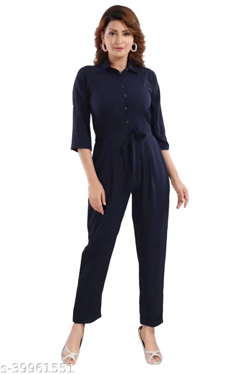 Crepe solid-color regular-fit open collar jumpsuit, three-quarter sleeves for casual wear