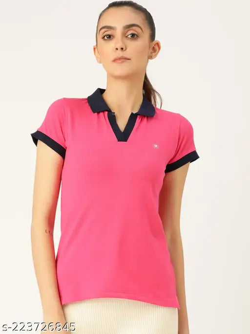 Cotton blend solid polo collar t-shirt for women, Femea Rani style, short sleeves, size S (36in bust, 24in length)