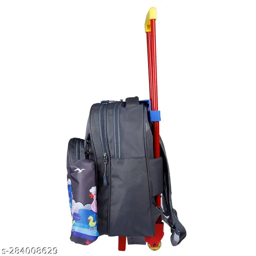 Grey polyester net Indian Riders Girls School Trolley Bag with pencilbox bag (20 L), featuring a cute duck design and waterproof material. Ideal for kids aged 2-8, this durable and stylish backpack boasts adjustable padded shoulder straps, main compartments, quality zippers, and a spacious interior designed to accommodate A4 notebooks. Perfect for school or travel, this bag is both trendy and functional, making it a favorite among children