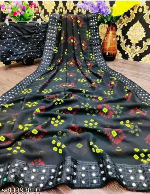 Embellished Georgette saree with separate art silk blouse, mirror embroidery lace work, Indian-made, single free size (5.3m saree length, 0.8m blouse length)