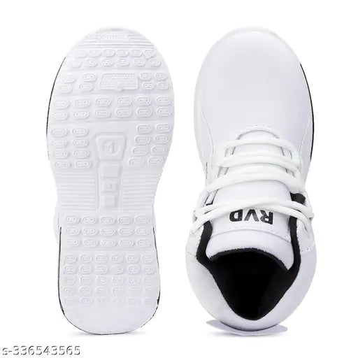 White and black running shoes, lace-up style. Perfect for boys or girls, suitable for outdoor walking or all day wear