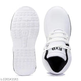 White and black running shoes, lace-up style. Perfect for boys or girls, suitable for outdoor walking or all day wear