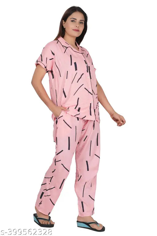 RILO Women's rayon night suit shirt and pyjama set with pocket, printed net design, short sleeves, comfortable and stylish sleepwear in M, L, XL sizes