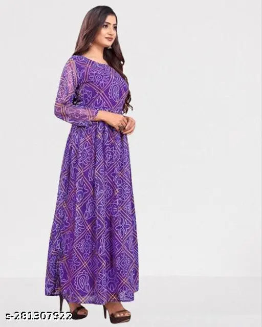 Blue printed combo Bandhni Kurta with long sleeves on digital heavy Georgette fabric, made in India