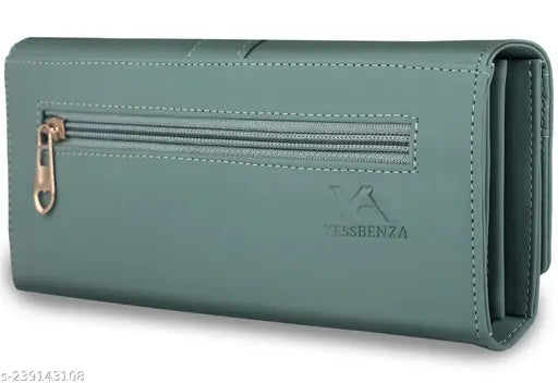 Green artificial leather clutch hand wallet purse with phone pocket, zip closure, 6 card slots