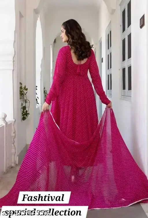 Pink georgette printed maxi dress set with dupatta and bottom, Indian fashion for women