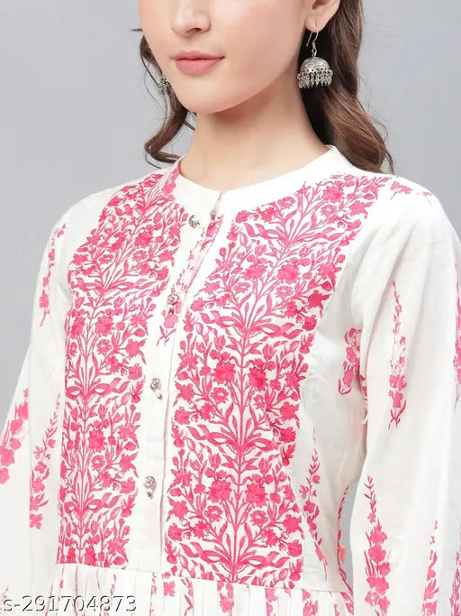 Off-white cotton Anarkali Kurta with pink floral print, ideal for parties and festivals