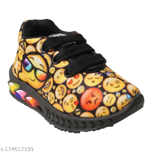 Shiny black and yellow bunny shoes with a playful design featuring cartoon faces and colorful emojis for children, boys or girls