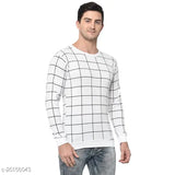 Vimal Jonney men's white cotton blend long sleeve round t-shirt with windowpane checks pattern - Indian made