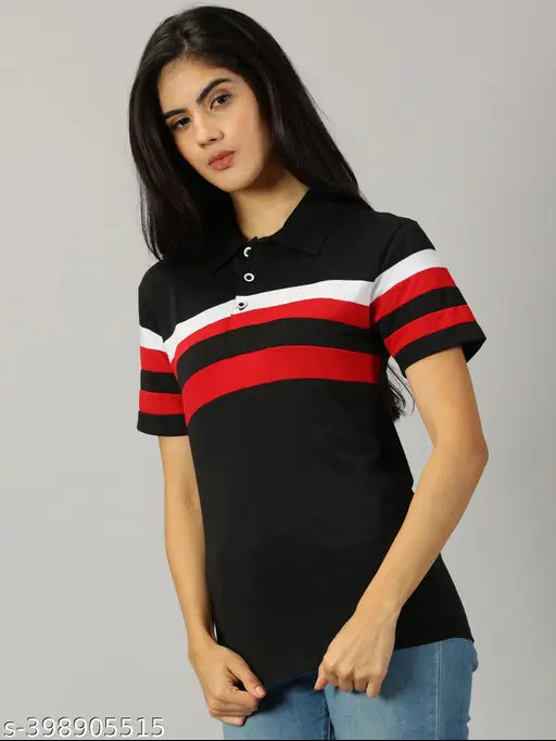 Black cotton blend striped half sleeve polo t-shirt for women, ideal for casual wear