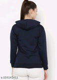 Stylish women's fleece hoodie jacket, solid black with front open zip, long sleeves for cozy winter wear (India)