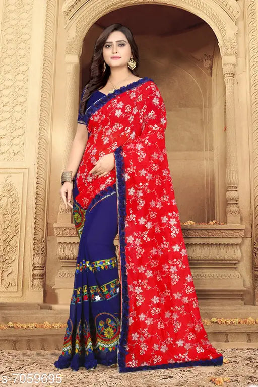 Red and blue saree with floral border, silk material