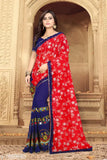 Red and blue saree with floral border, silk material