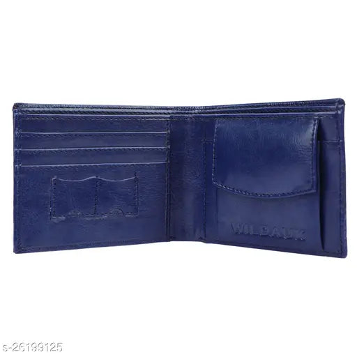 Blue PU artificial leather men's wallet, Wildauk brand, 3 card slots, solid body style with hidden pockets and coin compartment