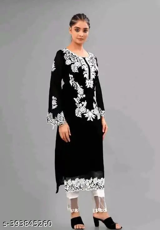 Floral embroidered Georgette salwar suit set with white pent Kurta and crepe palazzos, new designer work for women's fashion