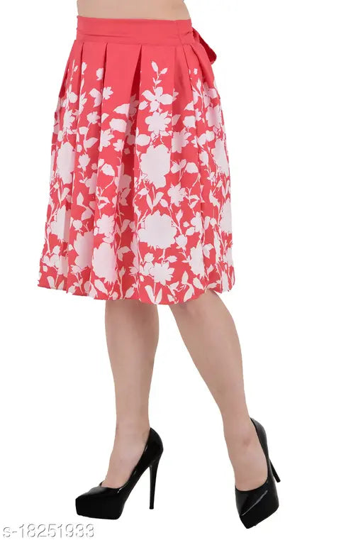 Red printed pleated crepe skirt for women and girls, summer trendy knotted style