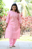 Mohini Pink Cotton Flex Kurta and Palazzo Pant Set, embroidered net, three-quarter sleeves, round neck, pleat detail, side slits, straight hem, elasticated waist, pockets, India origin