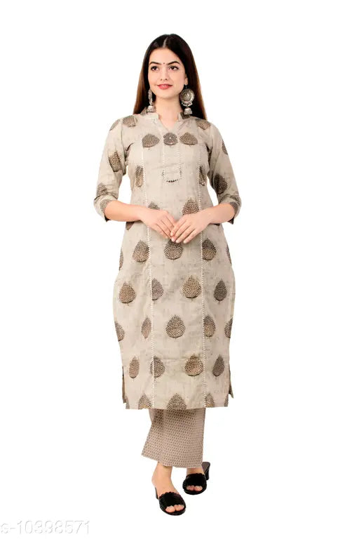 Beige printed cotton straight kurta palazzo set for women, three-quarter sleeves, Indian handloom