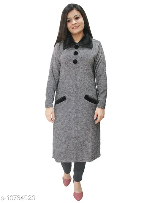 Grey women's coat, black lining, long length