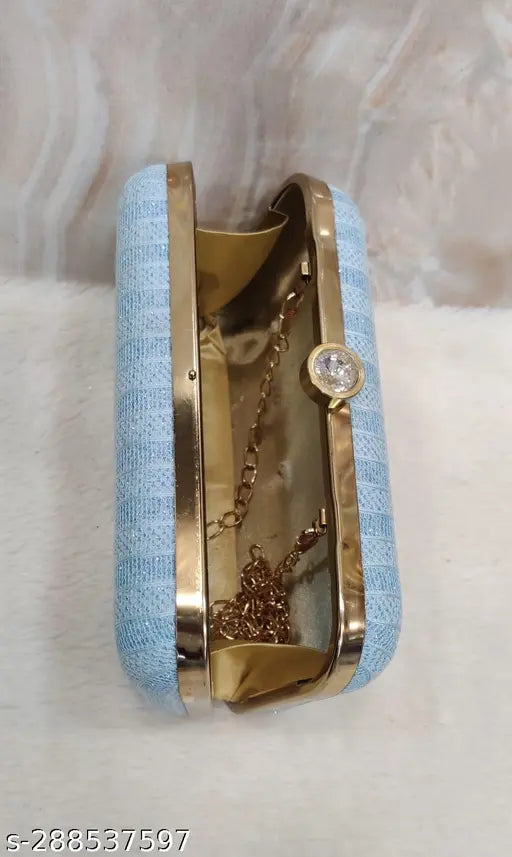 Blue suede clutch with long chain