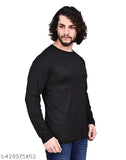 Men's dark black solid round neck polyester t-shirt with long sleeves, ideal for casual wear