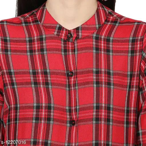 Cotton women's checkered tunic with long sleeves, printed pattern - size S, Indian-made