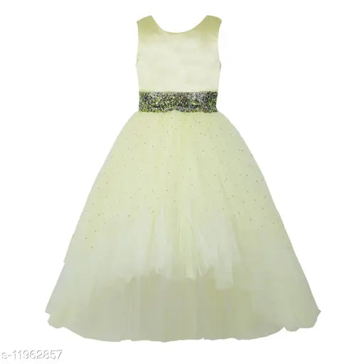 Lemon yellow net dress for kids party wear, embellished with toy balloon motif, sleeveless and size 2-3 years