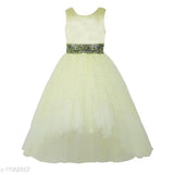 Lemon yellow net dress for kids party wear, embellished with toy balloon motif, sleeveless and size 2-3 years