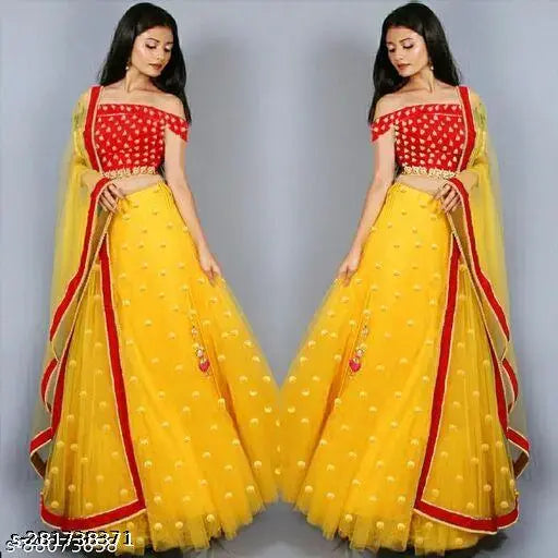 Trendy Design Embroidered Net Semi-Stitched Lehenga Choli & Lace Dupatta on mannequin, free size, satin top and net bottom with 42 inch waist and 44 inch length