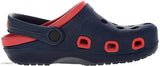 Black clogs with red accents