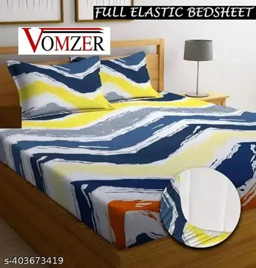 White and grey colorblocked, superfine cotton fitted double bedsheet set with 2 pillow covers, size 78x72+10, pillows 28x18, ideal for adult summer use, VOMZER made in India