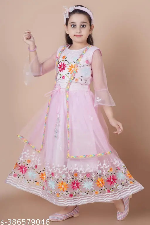 Pink embellished net gown for kids, size 3-4 years, Indian origin