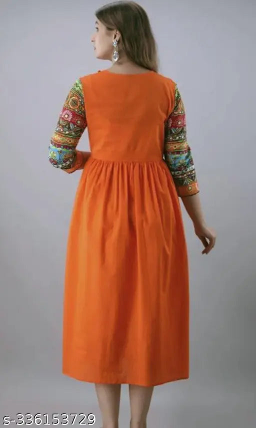 Orange rayon sleveless anarkali kurta with printed details, full-length dress