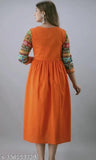 Orange rayon sleveless anarkali kurta with printed details, full-length dress