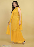Georgetta saree with gold sequins and embroidery, yellow chiffon material