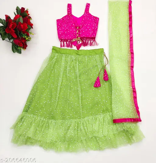Fancy net chaniya choli with applique embellishments, Indian girls party wear