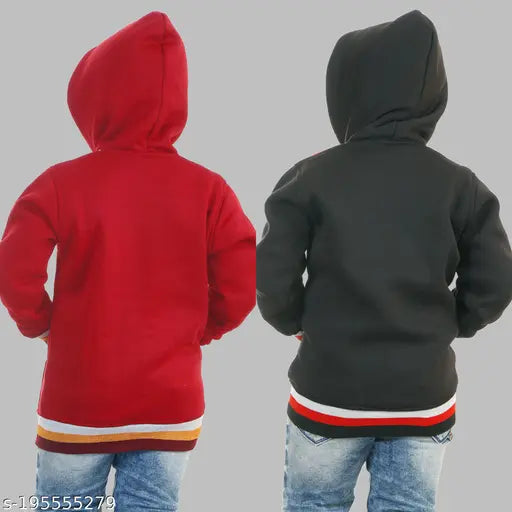 A red hoodie, black jacket with a stripe, both featuring full sleeves and a solid design in the front