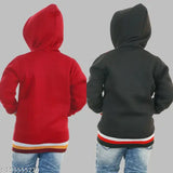 A red hoodie, black jacket with a stripe, both featuring full sleeves and a solid design in the front