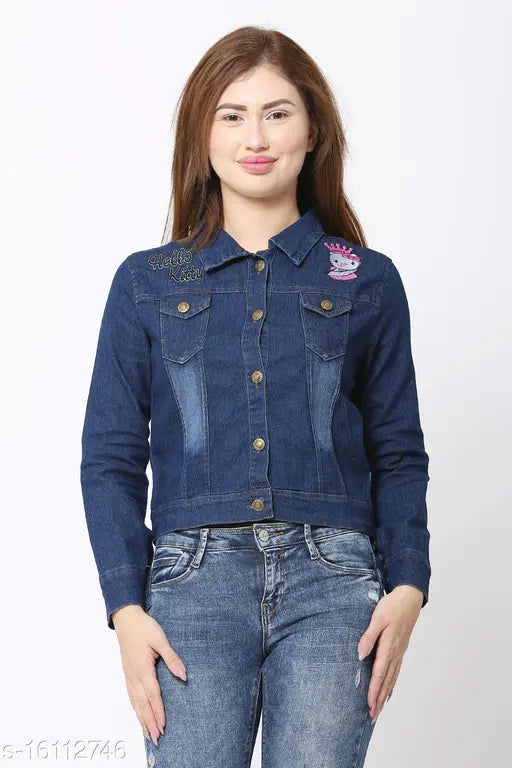 Denim women's jacket, full sleeve kitty print, long sleeves, dyed/washed, fashionable casual wear