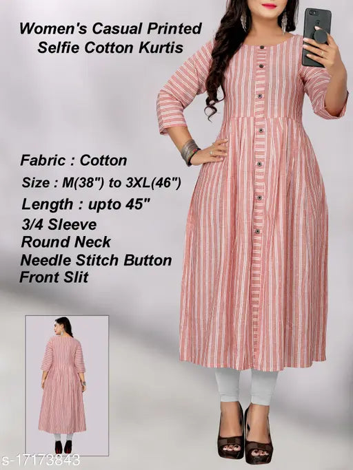 Striped three-quarter sleeve cotton kurti for women, Indian party wear with low rate and low price