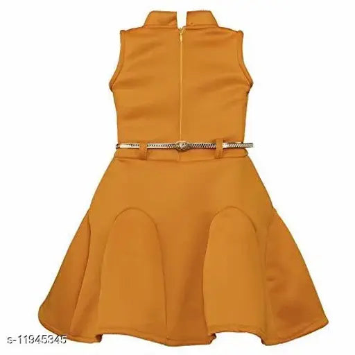 Orange polyester girls dress, knee-length skirt with ruffled hem and adjustable belt