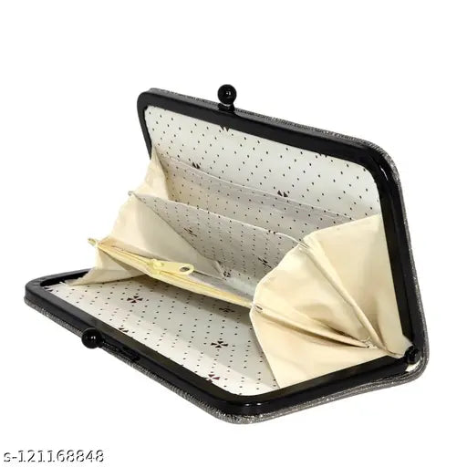 Shiny fabric handbag with zipper closure and a brown interior